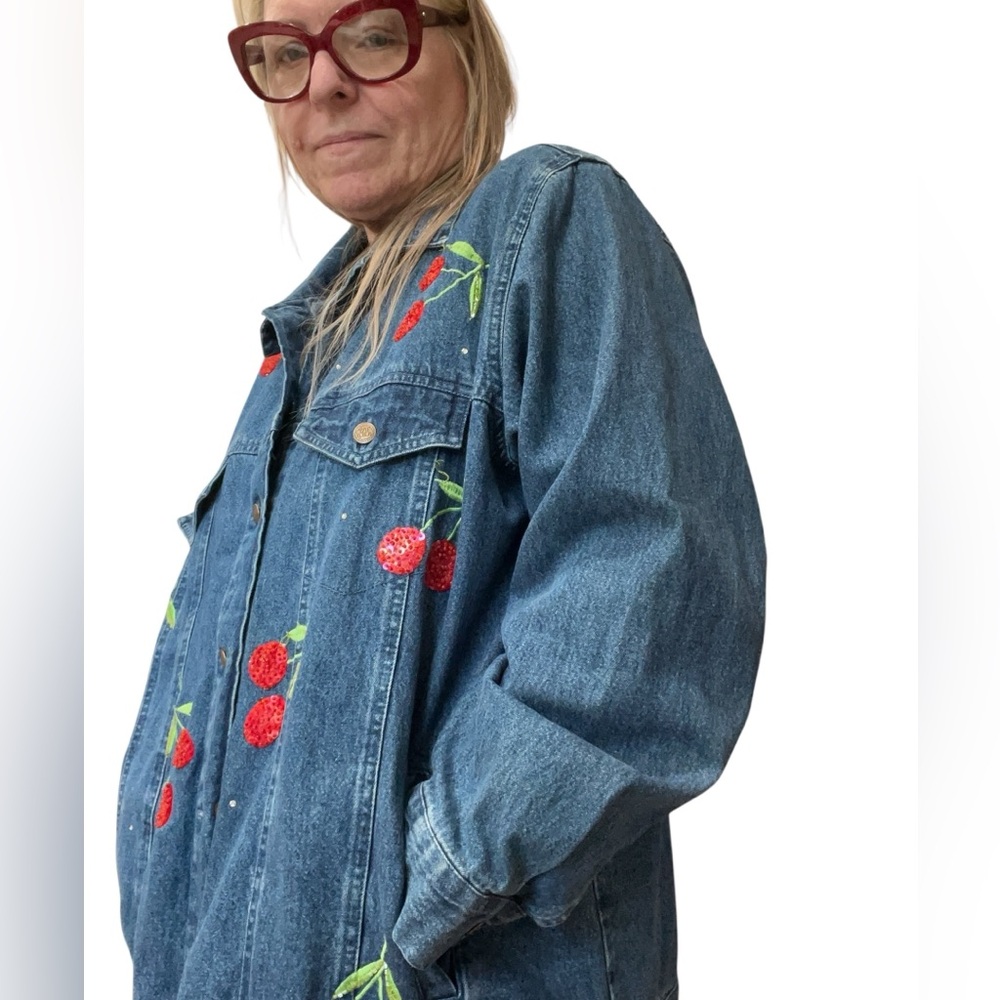 Quacker Factory Blue Denim Jacket with Cherry Embroidery-1X - Picture 9 of 10